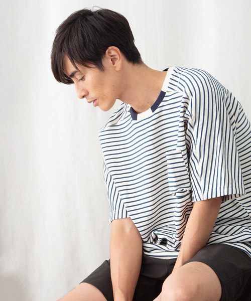 JRD by JARLD(ジェイアールディーバイジャールド)の「【JRD by JARLD】ドルマンスリーブ切替 ボーダー柄 半袖Tシャツ(Tシャツ/カットソー・メンズ・グレー系その他/ブルー系その他・S/M/L)」の3枚目の写真