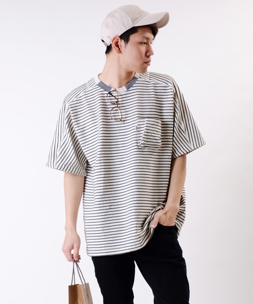 JRD by JARLD(ジェイアールディーバイジャールド)の「【JRD by JARLD】ドルマンスリーブ切替 ボーダー柄 半袖Tシャツ(Tシャツ/カットソー・メンズ・グレー系その他/ブルー系その他・S/M/L)」の13枚目の写真