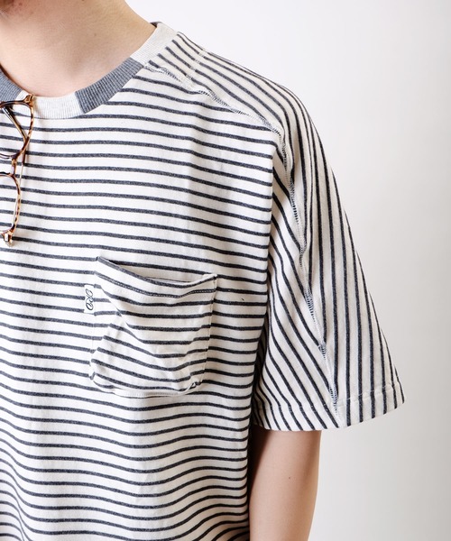 JRD by JARLD(ジェイアールディーバイジャールド)の「【JRD by JARLD】ドルマンスリーブ切替 ボーダー柄 半袖Tシャツ(Tシャツ/カットソー・メンズ・グレー系その他/ブルー系その他・S/M/L)」の6枚目の写真