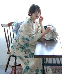 utatane（ウタタネ）の「浴衣3点セット　綿麻　先染めベージュにミントのなでしこ（浴衣）」