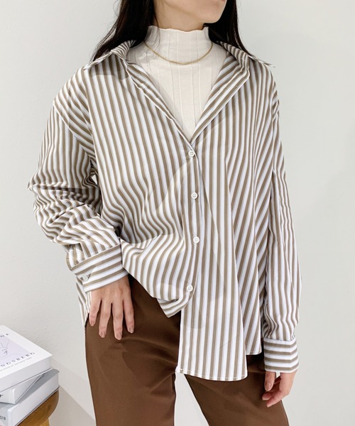 CLEA(クレア)の「ベーシックストライプシャツ(シャツ/ブラウス・レディース・ブラック/ブラウン/ブルー・FREE)」の1枚目の写真