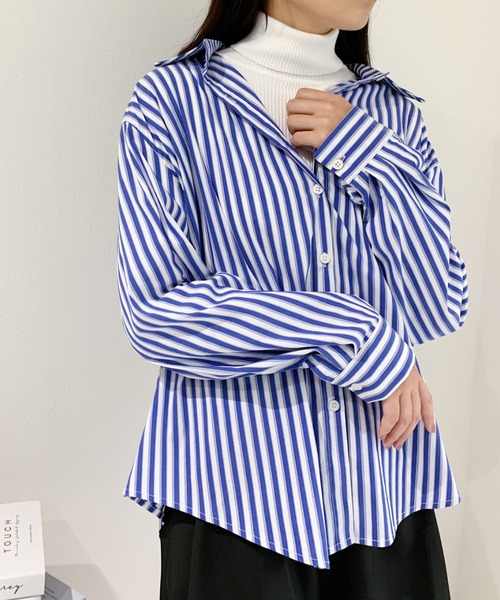 CLEA(クレア)の「ベーシックストライプシャツ(シャツ/ブラウス・レディース・ブラック/ブラウン/ブルー・FREE)」の3枚目の写真