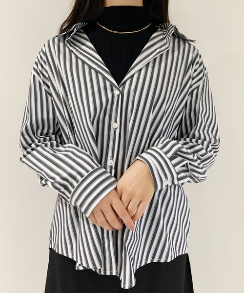 CLEA(クレア)の「ベーシックストライプシャツ(シャツ/ブラウス・レディース・ブラック/ブラウン/ブルー・FREE)」の6枚目の写真