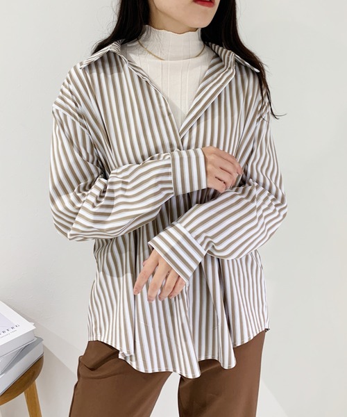 CLEA(クレア)の「ベーシックストライプシャツ(シャツ/ブラウス・レディース・ブラック/ブラウン/ブルー・FREE)」の16枚目の写真