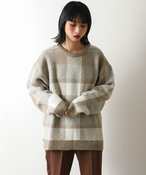 ZIP FIVE（ジップファイブ）の「【ZIP FIVE】古着風 ヴィンテージ オーバーサイズ チェック＆アーガイル柄クルーニット（ニット/セーター・メンズ・オフホワイト/ブルー/ホワイト×ブラック/グレイッシュベージュ/グレー系/ブラウン系・MEDIUM/LARGE）」の5枚目の写真