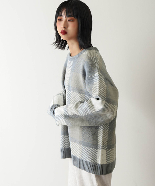 ZIP FIVE（ジップファイブ）の「【ZIP FIVE】古着風 ヴィンテージ オーバーサイズ チェック＆アーガイル柄クルーニット（ニット/セーター・メンズ・オフホワイト/ブルー/ホワイト×ブラック/グレイッシュベージュ/グレー系/ブラウン系・MEDIUM/LARGE）」の6枚目の写真