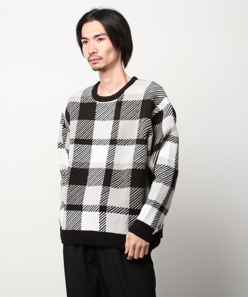 ZIP FIVE（ジップファイブ）の「【ZIP FIVE】古着風 ヴィンテージ オーバーサイズ チェック＆アーガイル柄クルーニット（ニット/セーター・メンズ・オフホワイト/ブルー/ホワイト×ブラック/グレイッシュベージュ/グレー系/ブラウン系・MEDIUM/LARGE）」の9枚目の写真