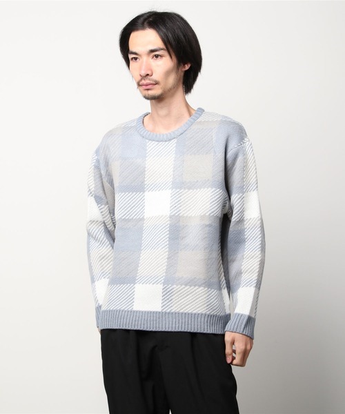 ZIP FIVE（ジップファイブ）の「【ZIP FIVE】古着風 ヴィンテージ オーバーサイズ チェック＆アーガイル柄クルーニット（ニット/セーター・メンズ・オフホワイト/ブルー/ホワイト×ブラック/グレイッシュベージュ/グレー系/ブラウン系・MEDIUM/LARGE）」の11枚目の写真
