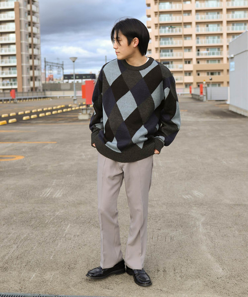 ZIP FIVE（ジップファイブ）の「【ZIP FIVE】古着風 ヴィンテージ オーバーサイズ チェック＆アーガイル柄クルーニット（ニット/セーター・メンズ・オフホワイト/ブルー/ホワイト×ブラック/グレイッシュベージュ/グレー系/ブラウン系・MEDIUM/LARGE）」の19枚目の写真