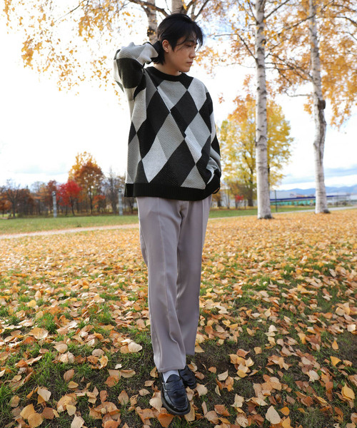 ZIP FIVE（ジップファイブ）の「【ZIP FIVE】古着風 ヴィンテージ オーバーサイズ チェック＆アーガイル柄クルーニット（ニット/セーター・メンズ・オフホワイト/ブルー/ホワイト×ブラック/グレイッシュベージュ/グレー系/ブラウン系・MEDIUM/LARGE）」の17枚目の写真