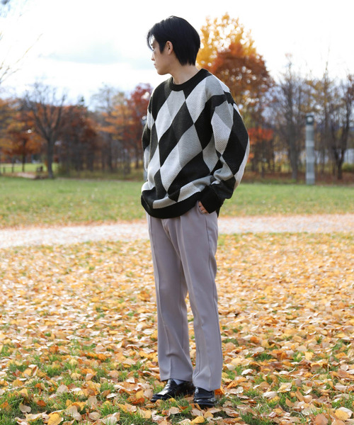 ZIP FIVE（ジップファイブ）の「【ZIP FIVE】古着風 ヴィンテージ オーバーサイズ チェック＆アーガイル柄クルーニット（ニット/セーター・メンズ・オフホワイト/ブルー/ホワイト×ブラック/グレイッシュベージュ/グレー系/ブラウン系・MEDIUM/LARGE）」の18枚目の写真