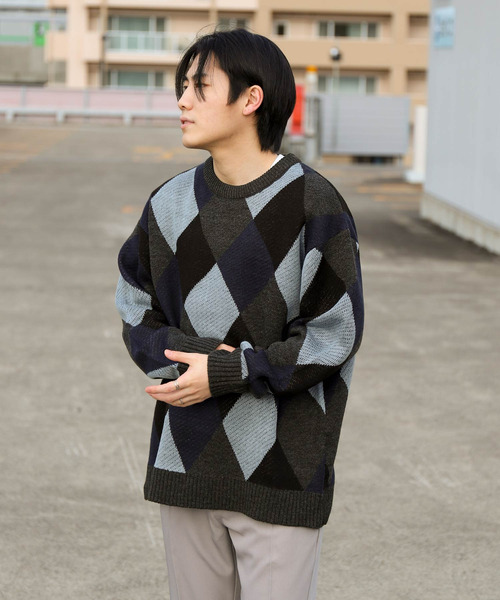 ZIP FIVE（ジップファイブ）の「【ZIP FIVE】古着風 ヴィンテージ オーバーサイズ チェック＆アーガイル柄クルーニット（ニット/セーター・メンズ・オフホワイト/ブルー/ホワイト×ブラック/グレイッシュベージュ/グレー系/ブラウン系・MEDIUM/LARGE）」の20枚目の写真