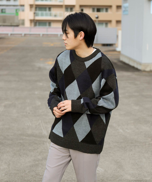 ZIP FIVE（ジップファイブ）の「【ZIP FIVE】古着風 ヴィンテージ オーバーサイズ チェック＆アーガイル柄クルーニット（ニット/セーター・メンズ・オフホワイト/ブルー/ホワイト×ブラック/グレイッシュベージュ/グレー系/ブラウン系・MEDIUM/LARGE）」の21枚目の写真