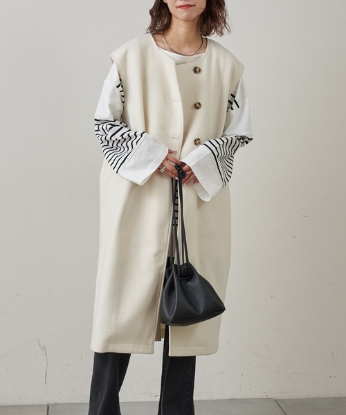 CIAOPANIC TYPY（チャオパニックティピー）の「メルトンライクロングジレベスト（ベスト・レディース・チャコールグレー/ベージュ/オフホワイト・ONE SIZE）」の9枚目の写真