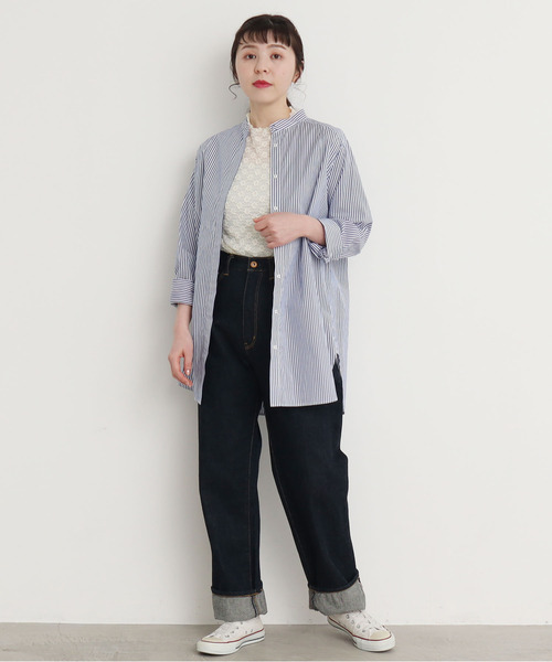 美品LL SLANDRE ストライプ ハイネック 半袖シャツ 美品LL SLANDRE ストライプ ハイネック 半袖シャツ