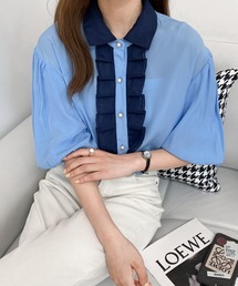 バイカラーパフスリーブシャツブラウス