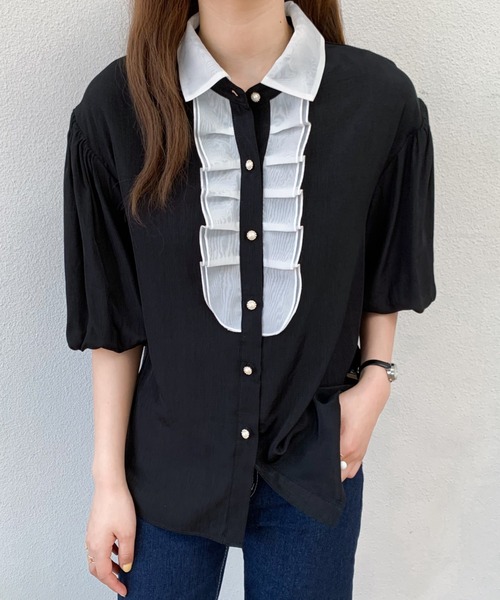 Diosfront（ディオスフロント）の「バイカラーパフスリーブシャツブラウス（シャツ/ブラウス・レディース・ホワイト/ブラック/ブルー・S/M）」の11枚目の写真