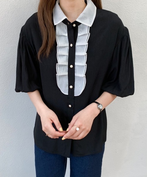 Diosfront（ディオスフロント）の「バイカラーパフスリーブシャツブラウス（シャツ/ブラウス・レディース・ホワイト/ブラック/ブルー・S/M）」の12枚目の写真