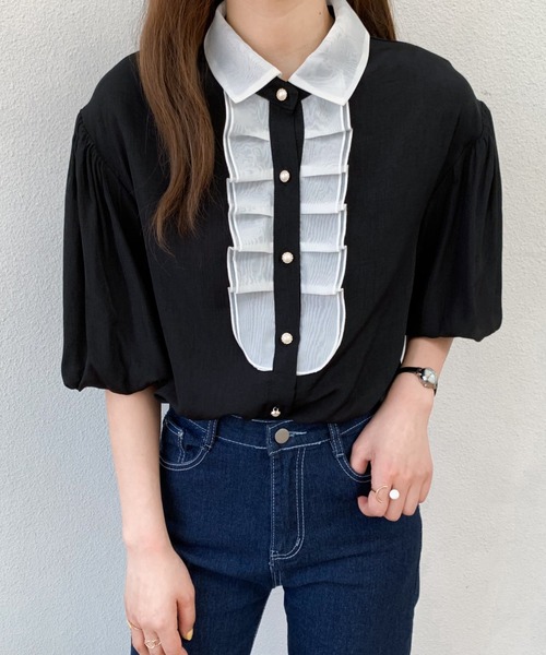 Diosfront（ディオスフロント）の「バイカラーパフスリーブシャツブラウス（シャツ/ブラウス・レディース・ホワイト/ブラック/ブルー・S/M）」の14枚目の写真