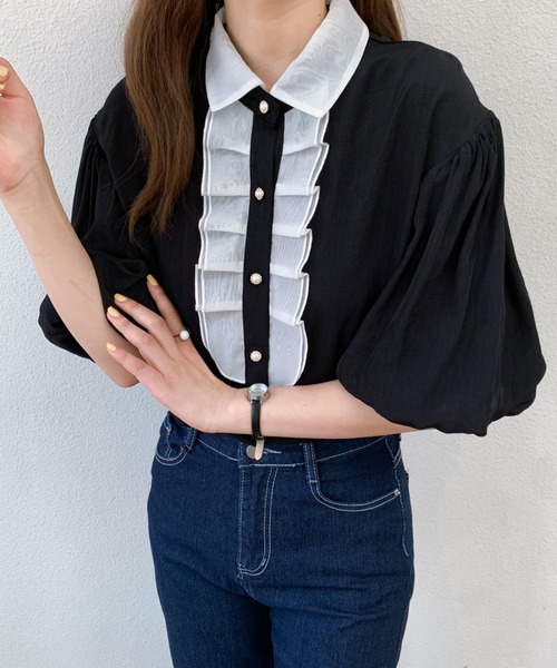 Diosfront（ディオスフロント）の「バイカラーパフスリーブシャツブラウス（シャツ/ブラウス・レディース・ホワイト/ブラック/ブルー・S/M）」の15枚目の写真