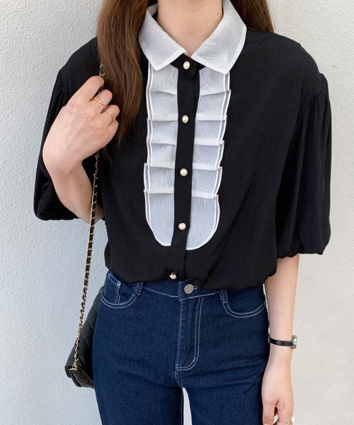 Diosfront（ディオスフロント）の「バイカラーパフスリーブシャツブラウス（シャツ/ブラウス・レディース・ホワイト/ブラック/ブルー・S/M）」の16枚目の写真