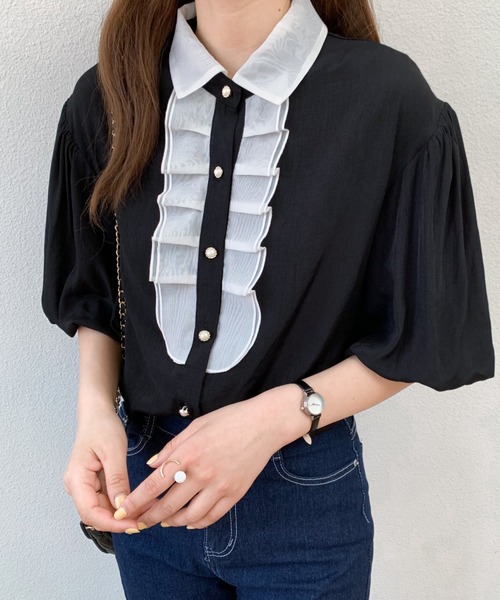 Diosfront（ディオスフロント）の「バイカラーパフスリーブシャツブラウス（シャツ/ブラウス・レディース・ホワイト/ブラック/ブルー・S/M）」の17枚目の写真