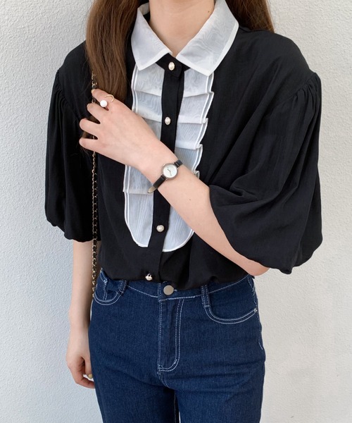 Diosfront（ディオスフロント）の「バイカラーパフスリーブシャツブラウス（シャツ/ブラウス・レディース・ホワイト/ブラック/ブルー・S/M）」の18枚目の写真