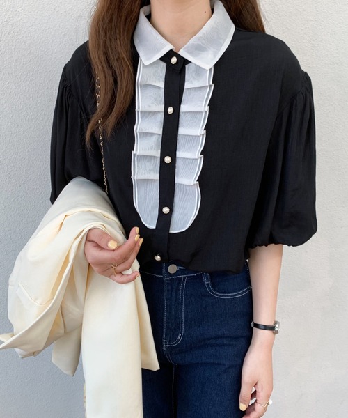 Diosfront（ディオスフロント）の「バイカラーパフスリーブシャツブラウス（シャツ/ブラウス・レディース・ホワイト/ブラック/ブルー・S/M）」の20枚目の写真