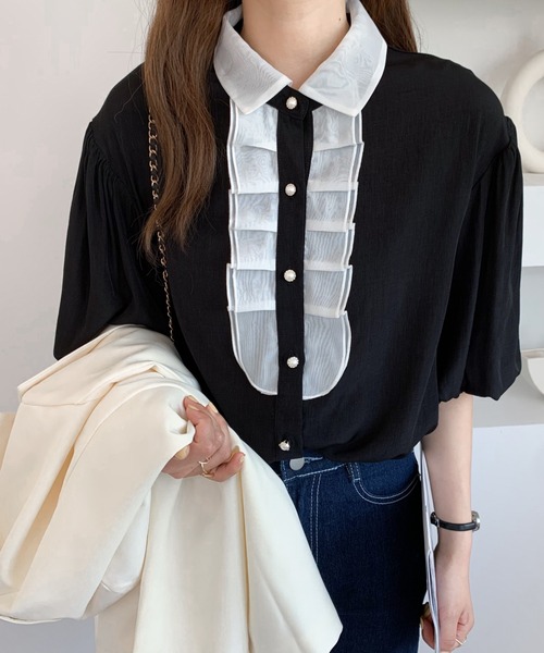 Diosfront（ディオスフロント）の「バイカラーパフスリーブシャツブラウス（シャツ/ブラウス・レディース・ホワイト/ブラック/ブルー・S/M）」の22枚目の写真