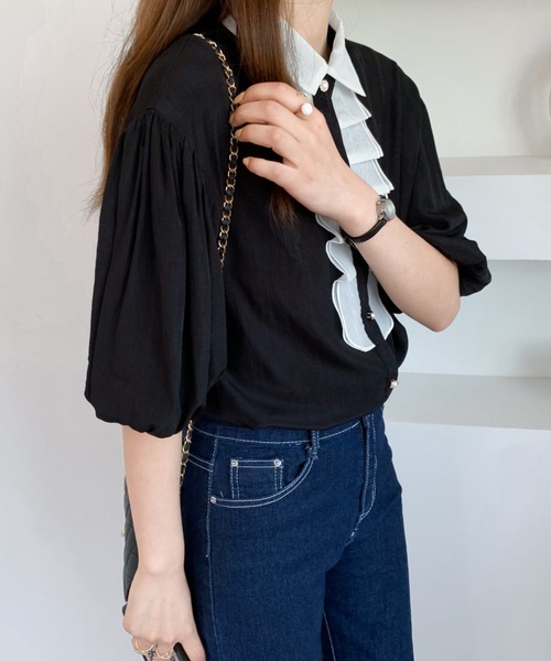 Diosfront（ディオスフロント）の「バイカラーパフスリーブシャツブラウス（シャツ/ブラウス・レディース・ホワイト/ブラック/ブルー・S/M）」の6枚目の写真