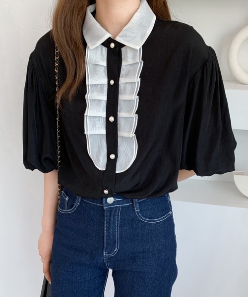 Diosfront（ディオスフロント）の「バイカラーパフスリーブシャツブラウス（シャツ/ブラウス・レディース・ホワイト/ブラック/ブルー・S/M）」の7枚目の写真