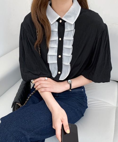 Diosfront（ディオスフロント）の「バイカラーパフスリーブシャツブラウス（シャツ/ブラウス・レディース・ホワイト/ブラック/ブルー・S/M）」の9枚目の写真