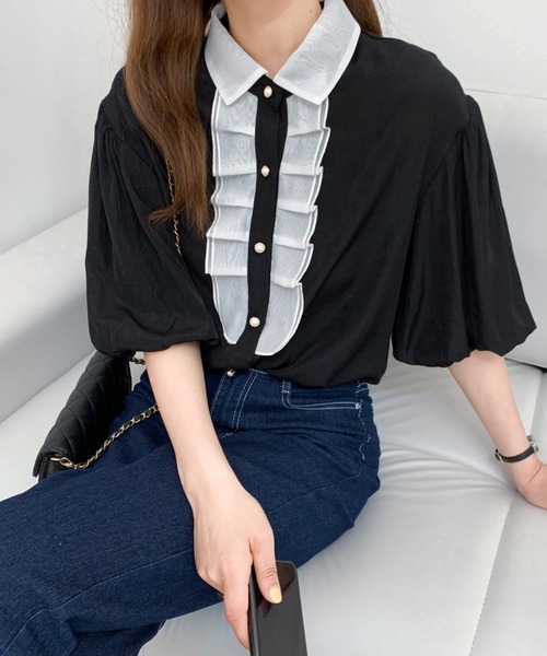 Diosfront（ディオスフロント）の「バイカラーパフスリーブシャツブラウス（シャツ/ブラウス・レディース・ホワイト/ブラック/ブルー・S/M）」の10枚目の写真