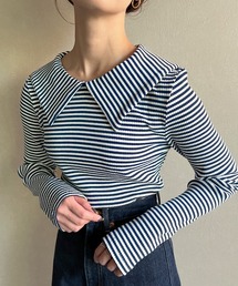JUNOAH | ビッグカラー長袖ボーダーリブトップス(Tシャツ/カットソー)