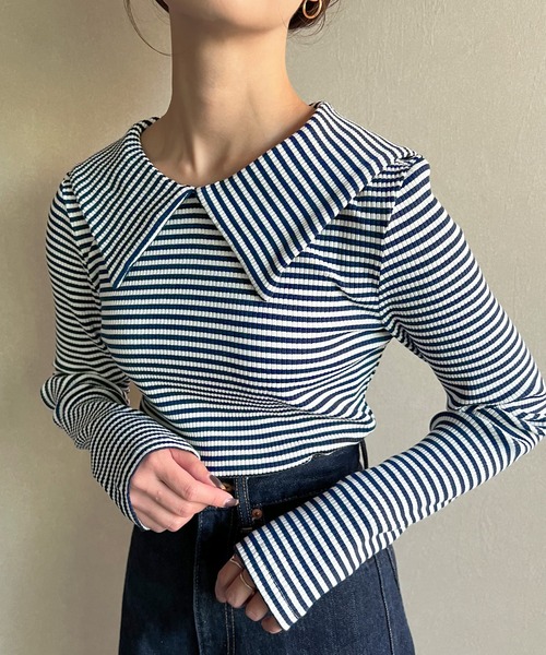 JUNOAH(ジュノア)の「ビッグカラー長袖ボーダーリブトップス(Tシャツ/カットソー・レディース・ブラック/ネイビー/ブラウン・LARGE/X-LARGE/MEDIUM)」の3枚目の写真