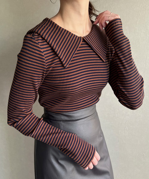 JUNOAH(ジュノア)の「ビッグカラー長袖ボーダーリブトップス(Tシャツ/カットソー・レディース・ブラック/ネイビー/ブラウン・LARGE/X-LARGE/MEDIUM)」の1枚目の写真