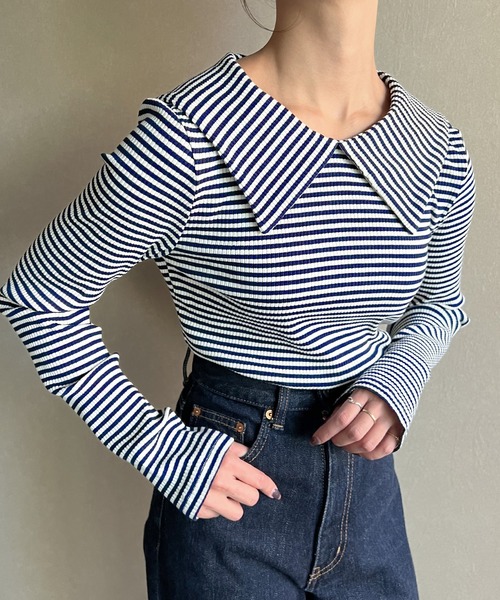 JUNOAH(ジュノア)の「ビッグカラー長袖ボーダーリブトップス(Tシャツ/カットソー・レディース・ブラック/ネイビー/ブラウン・LARGE/X-LARGE/MEDIUM)」の4枚目の写真