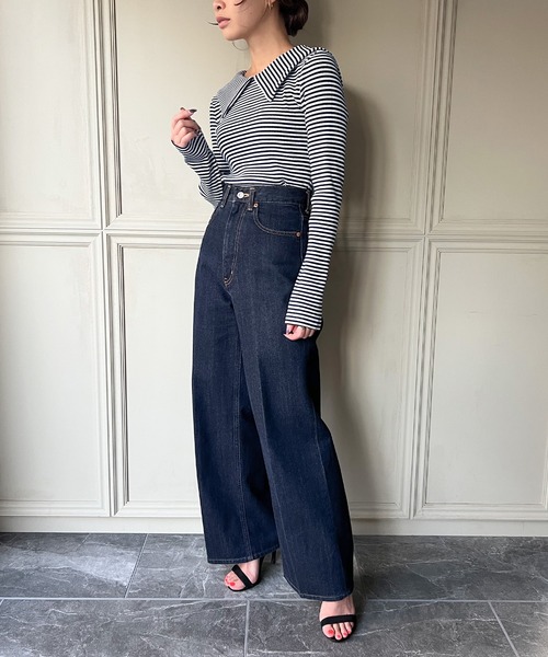 JUNOAH(ジュノア)の「ビッグカラー長袖ボーダーリブトップス(Tシャツ/カットソー・レディース・ブラック/ネイビー/ブラウン・LARGE/X-LARGE/MEDIUM)」の6枚目の写真