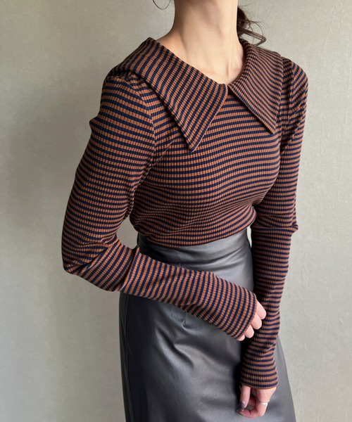 JUNOAH(ジュノア)の「ビッグカラー長袖ボーダーリブトップス(Tシャツ/カットソー・レディース・ブラック/ネイビー/ブラウン・LARGE/X-LARGE/MEDIUM)」の7枚目の写真