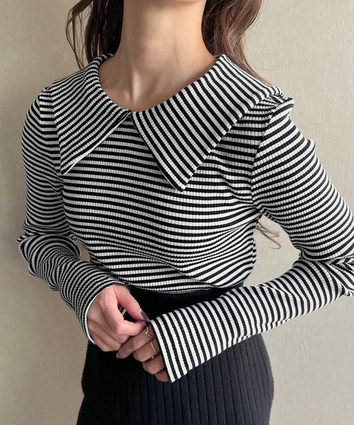 JUNOAH(ジュノア)の「ビッグカラー長袖ボーダーリブトップス(Tシャツ/カットソー・レディース・ブラック/ネイビー/ブラウン・LARGE/X-LARGE/MEDIUM)」の10枚目の写真