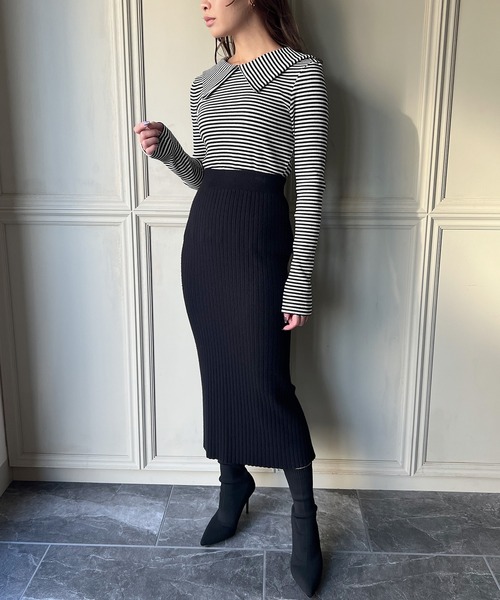 JUNOAH(ジュノア)の「ビッグカラー長袖ボーダーリブトップス(Tシャツ/カットソー・レディース・ブラック/ネイビー/ブラウン・LARGE/X-LARGE/MEDIUM)」の12枚目の写真