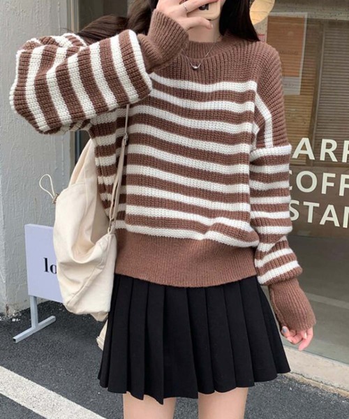 Girly Doll(ガーリードール)の「ボーダーニット・セーター(ニット/セーター・レディース・ブラック/ベージュ/ブラウン・F)」の1枚目の写真