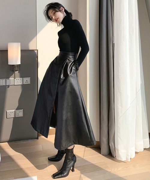 meJane（ミージェーン）の「レザーライクラップ風ロングスカート（スカート・レディース・ブラック・S/M/L）」の5枚目の写真
