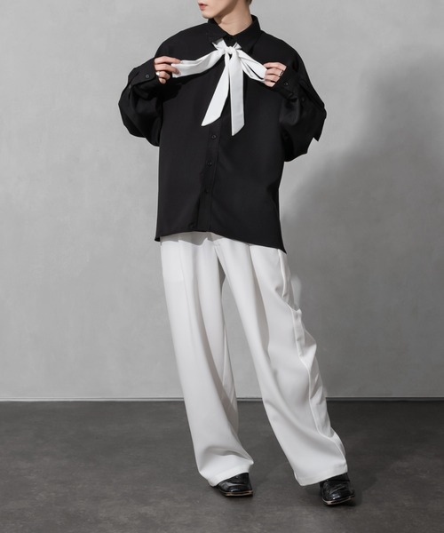 Adoon plain（アドーンプレーン）の「【Adoon plain】バイカラーボウタイシャツ（シャツ/ブラウス・メンズ・オフホワイト/ブラック・MEDIUM/LARGE）」の7枚目の写真
