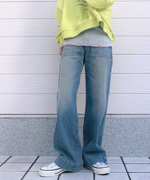 Q（キュー）の「Q Girl ワイドデニムブリーチ（デニムパンツ・レディース・ライトインディゴブルー・MEDIUM/SMALL/LARGE）」の14枚目の写真