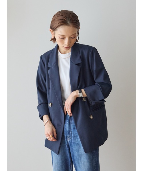rem closet（レムクローゼット）の「リネンライクダブルジャケット（テーラードジャケット・レディース・ネイビー/ライトベージュ・SMALL）」の2枚目の写真