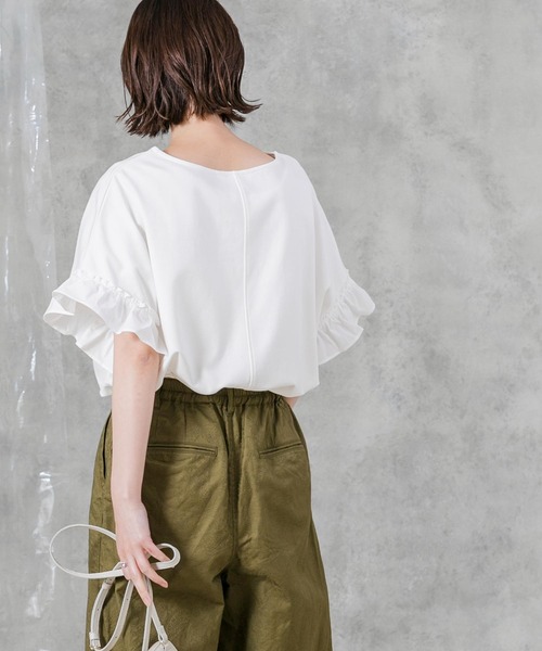 オリーブグリーン フリル袖カットソー、スカート、ボレロ　3点セット 予約]ワッシャーフラワー柄オフショルブラウス/グリーン – Lumier