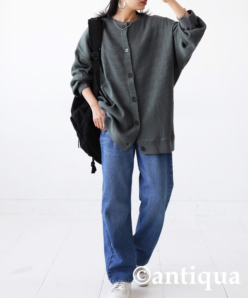 Rene✨グレー 長袖カーディガン 36 リボン クルーネック ベロア ボタン