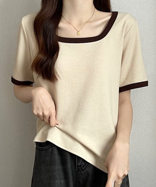 Amulet(アミュレット)の「Uネックシャツ(Tシャツ/カットソー・レディース・ベージュ/グリーン/ピンク/ブラック・M/L/XL)」の3枚目の写真