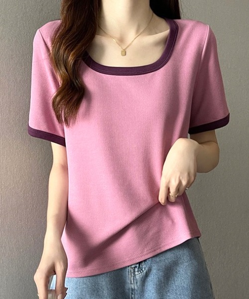 Amulet(アミュレット)の「Uネックシャツ(Tシャツ/カットソー・レディース・ベージュ/グリーン/ピンク/ブラック・M/L/XL)」の4枚目の写真